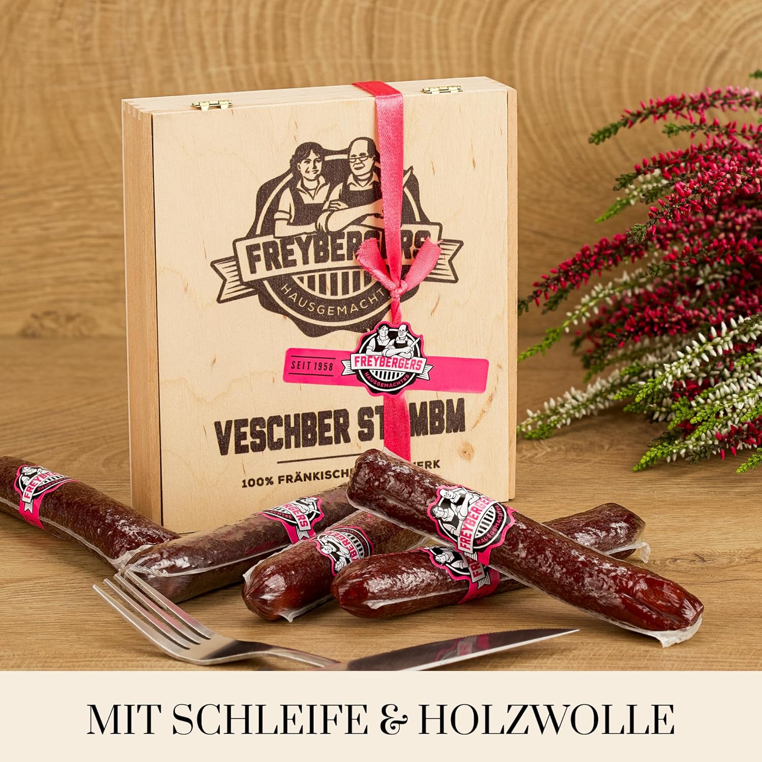 Wurst-Präsentkörbe - Salami-Wurststangen in Holzkiste vom Metzger-Weltmeister Freyberger in Geschenkbox | Nürnberger Wurst- und Fleischgeschenkideen | Lustiges Geschenk | Wurstsnack aus regionalem Fleisch – Bild 2