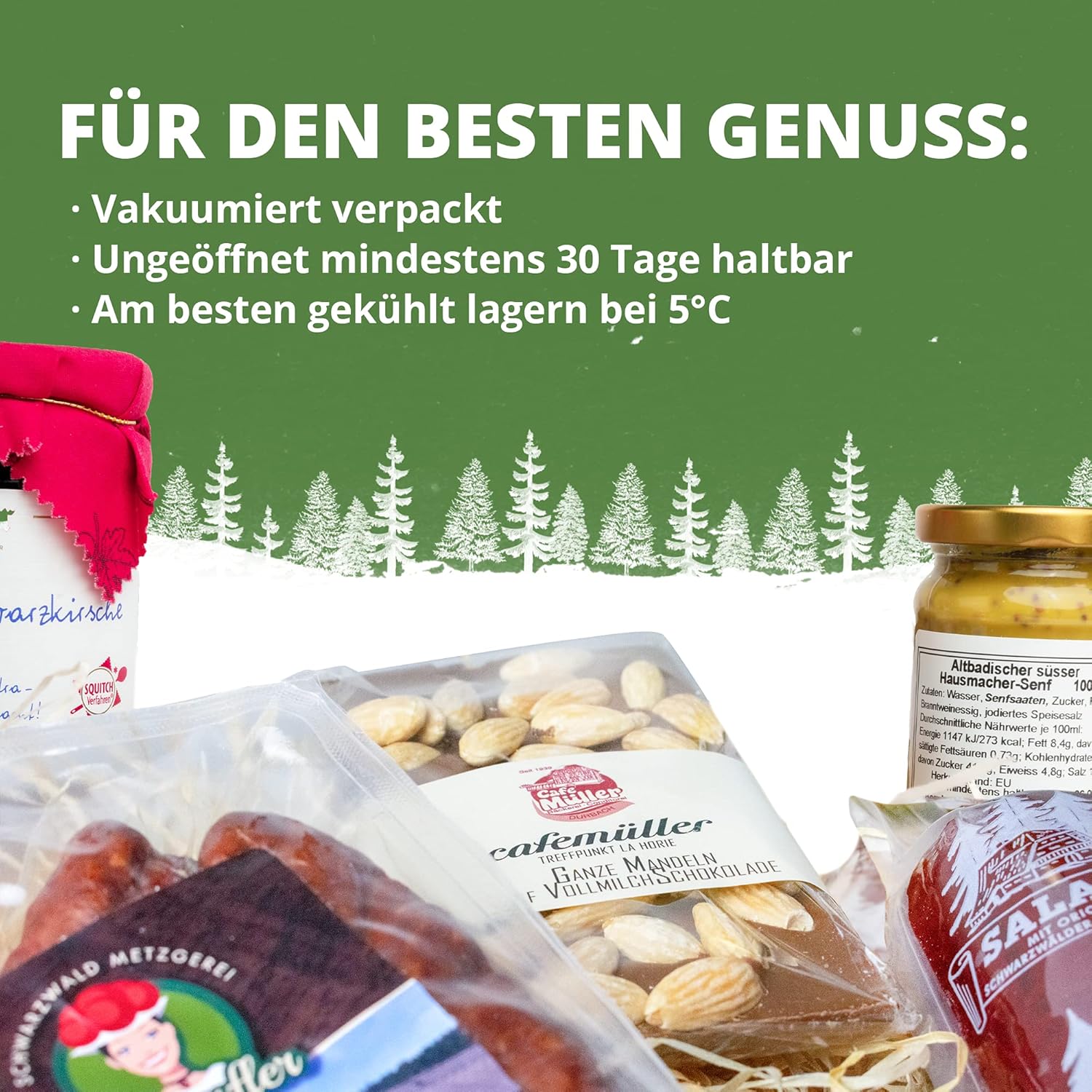 Wurst-Präsentkörbe - Schwarzwald Metzgerei Geschenkkorb „Marie“ – süß, salzig, würzig – 6er-Set mit Würstchen, Marmelade, Senf, Schokolade, Schinken und Salami – Bild 3