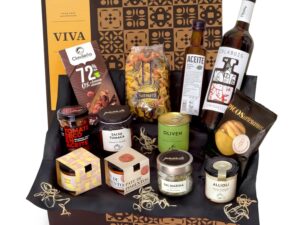 Wein-Präsentkörbe – Viva Geschenkkorb mit spanischen Köstlichkeiten und Rotwein, Feinkost-Geschenkbox mit erlesenen spanischen Spezialitäten, liebevoll verpackt als Geschenk von jamon.de