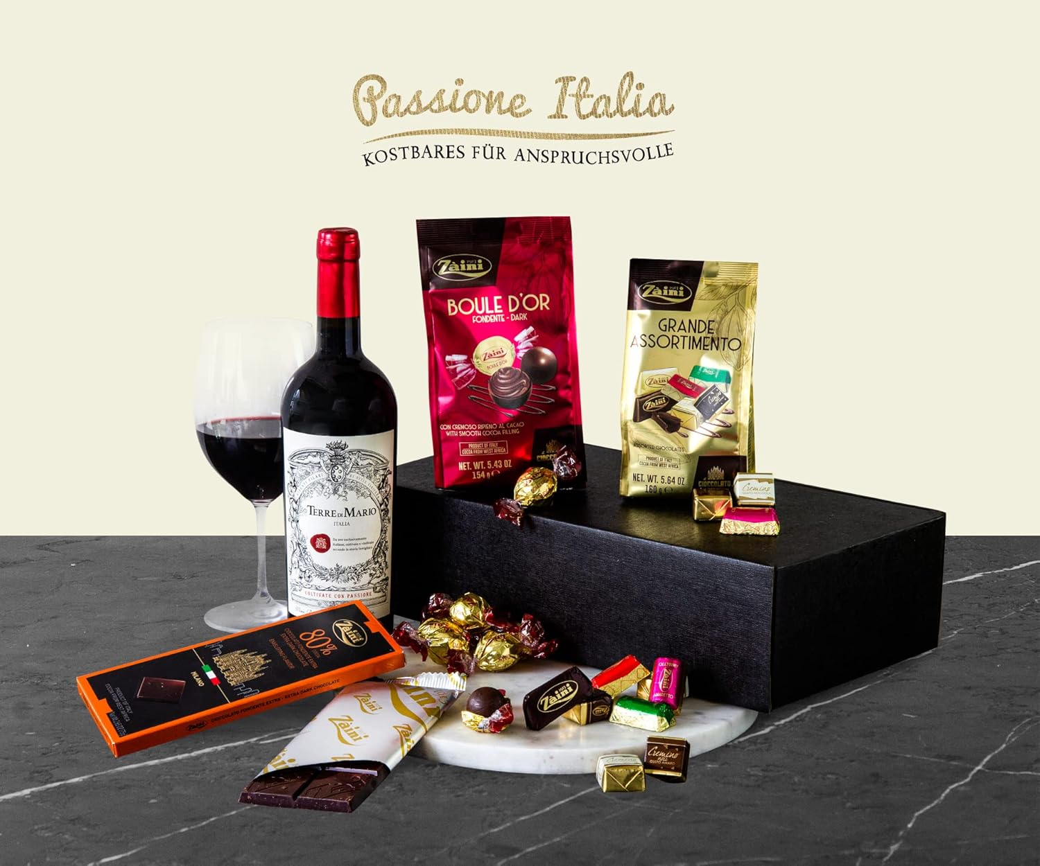 Wein-Präsentkörbe - Elegantes Geschenkset Dunkler Genuss Duo Wein, Pralinen mit Terre di Mario Rotwein und italienische Schokoladenspezialitäten – Bild 4