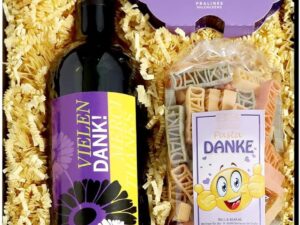 Wein-Präsentkörbe – Bull & Bear Wein-Geschenkset „Thank You“, Rotwein, Dankesnudeln und feinste Schokolade