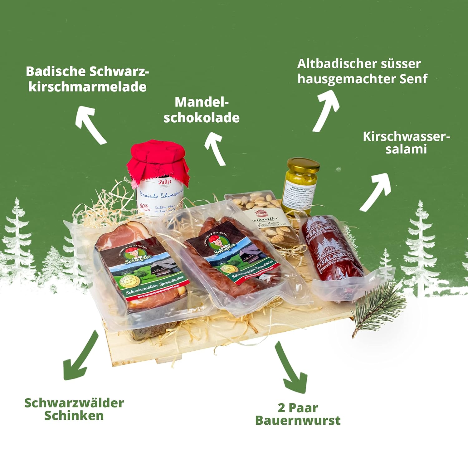Wurst-Präsentkörbe - Schwarzwald Metzgerei Geschenkkorb „Marie“ – süß, salzig, würzig – 6er-Set mit Würstchen, Marmelade, Senf, Schokolade, Schinken und Salami – Bild 2