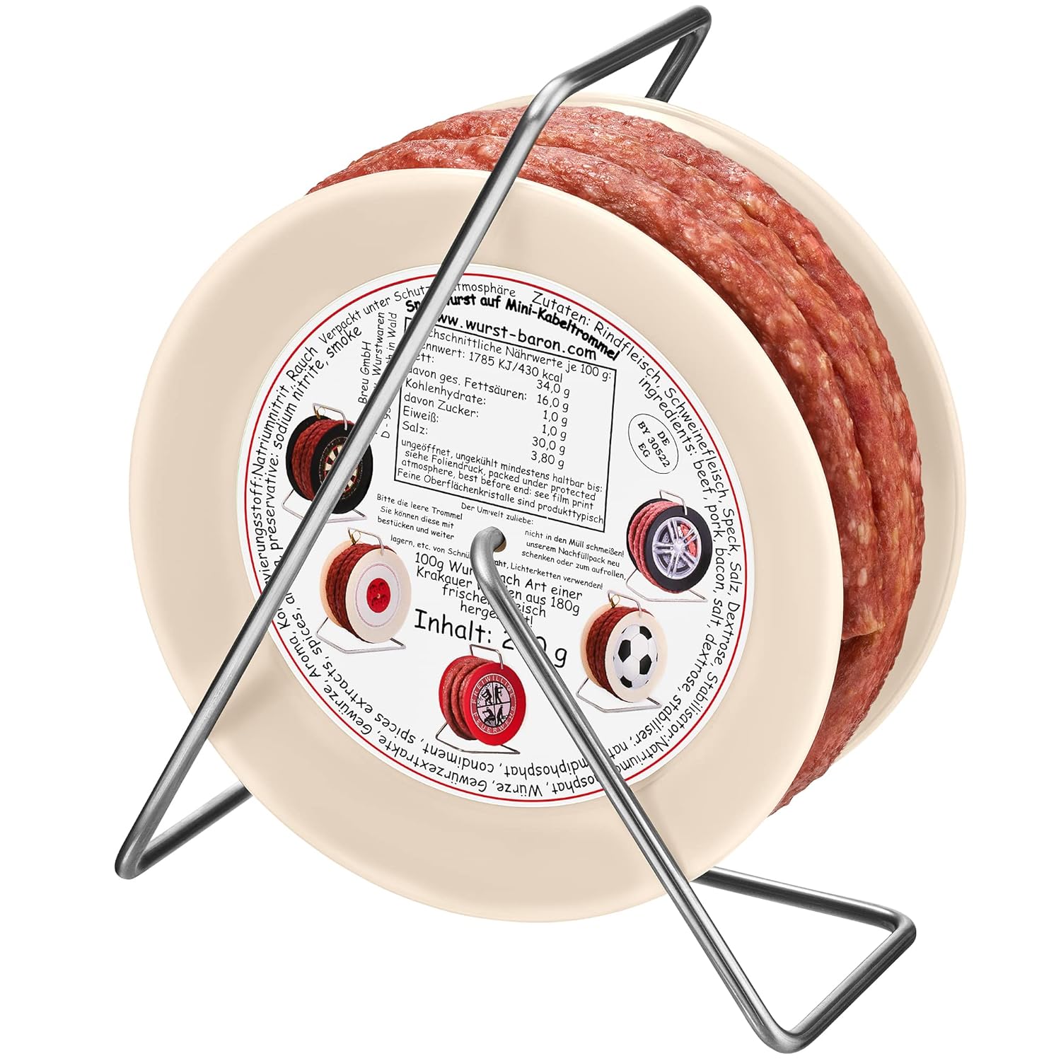 Wurst-Präsentkörbe - Wurstbaron® Wurstkabelrolle, 3,5 m Krakauer Wurst, hochwertig und rauchiges Aroma, witziges Geschenk für Sie und Ihn, 240 g – Bild 5