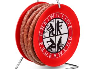 Wurst-Präsentkörbe – Wurstbaron® Salami auf Feuerwehrtrommel, Snackwurst, Mini-Kabeltrommel, Schlauchtrommel, Modell Freiwillige Feuerwehr, 3,5 m, Wurst nach Krakauer Art, 240 g