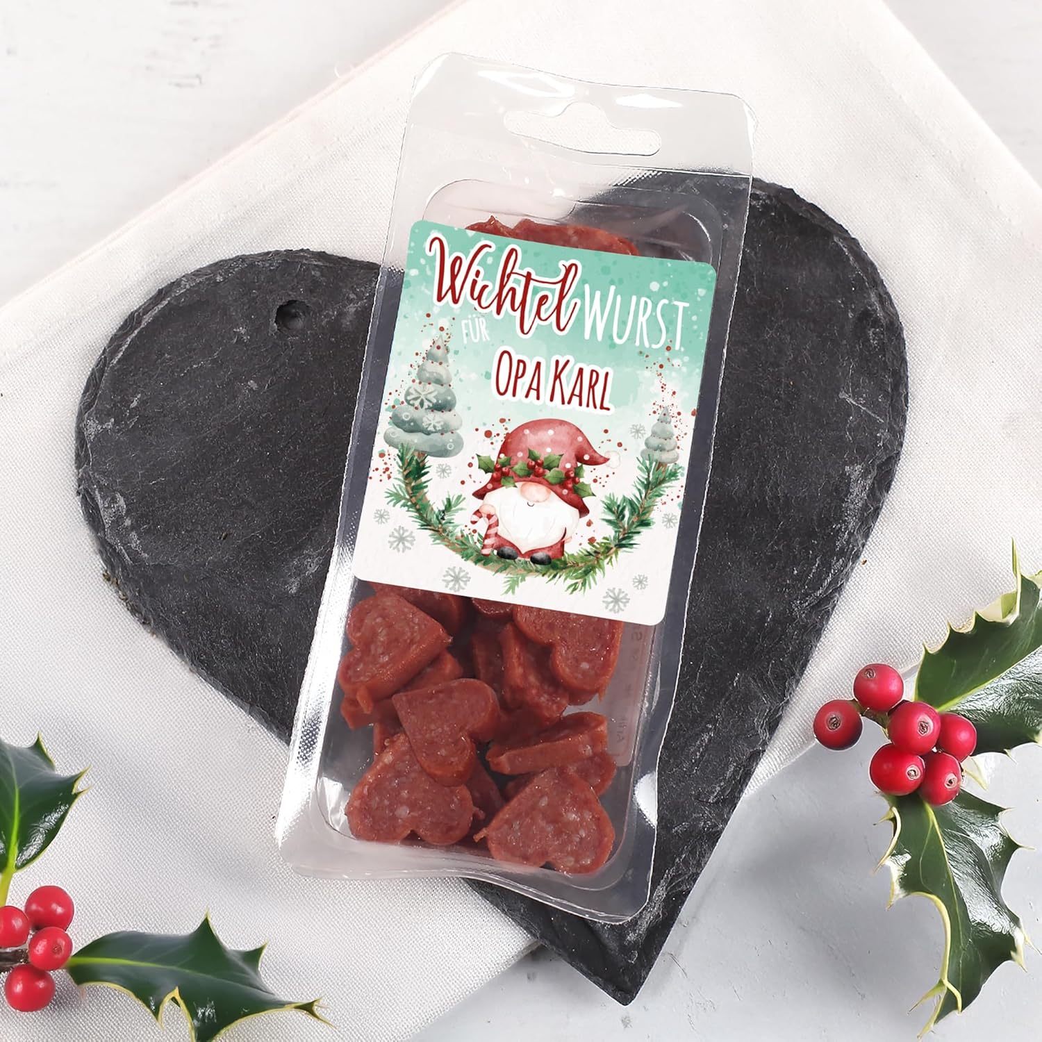 Wurst-Präsentkörbe - Herz & Heim personalisierte Wichtelwurst zu Weihnachten – 50g Salami-Herzen mit Namen – Mini-Salami als witziges Geschenk – Bild 2