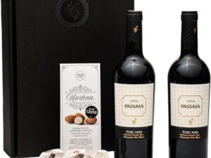 Wein-Präsentkörbe – Geschenkset Italienischer Rotwein aus der Toskana mit Mandelpraliné und Amaretti | Ein Weingeschenk für Kenner und Weinkenner