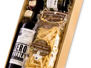 Wein-Präsentkörbe – Geschenkbox I Geschenkset – Romantisches Abendessen für Zwei (Pasta di Gragnano, Rotwein, Pesto, Tartufi) mit italienischen Delikatessen