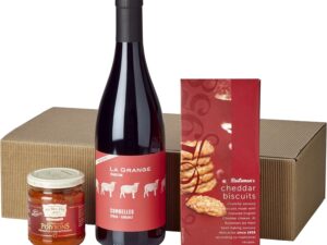 Wein-Präsentkörbe – Wein-Geschenkset „La France, Mon Amour“ | 1 Flasche Rotwein, Cheddar-Kekse und Paprika in heller Geschenkbox