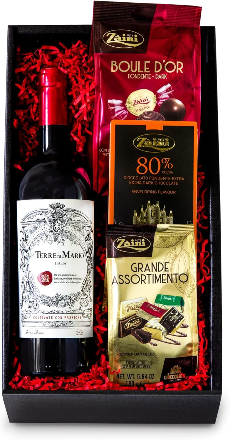 Wein-Präsentkörbe - Elegantes Geschenkset Dunkler Genuss Duo Wein, Pralinen mit Terre di Mario Rotwein und italienische Schokoladenspezialitäten – Bild 2