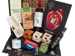 Wein-Präsentkörbe – jamon.de Exklusiver Geschenkkorb mit spanischen Spezialitäten – Geschenkkorb gefüllt mit feinen Lebensmitteln – Feinkost-Geschenk für Feinschmecker
