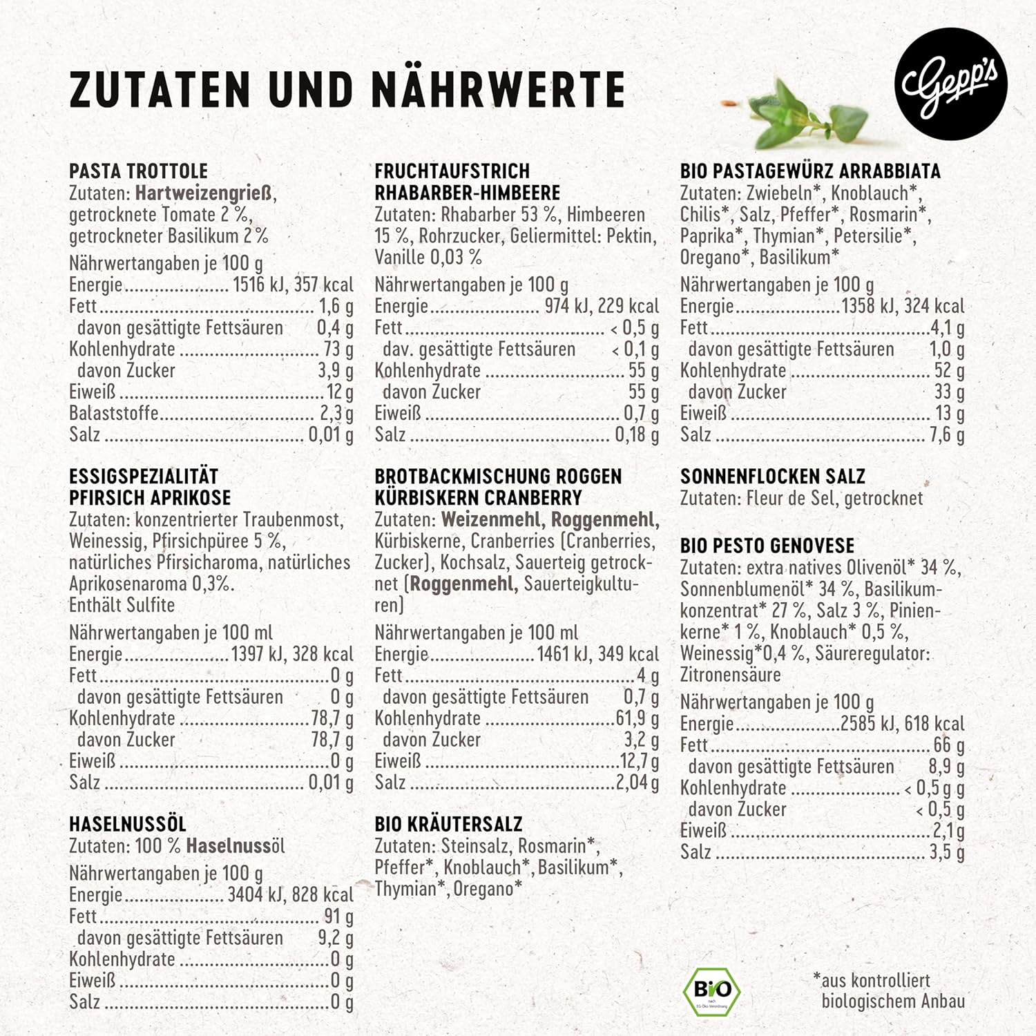 Geburtstags-Präsentkörbe - Gepp's Feinkost-Geschenkkorb mit vielen Köstlichkeiten und Geschirrtuch, Geschenkset mit Gourmet-Pesto, Nudelgewürz, Brotbackmischung, Bio-Olivenöl und Kräutersalz, Geschenkkorb für jeden Anlass – Bild 2