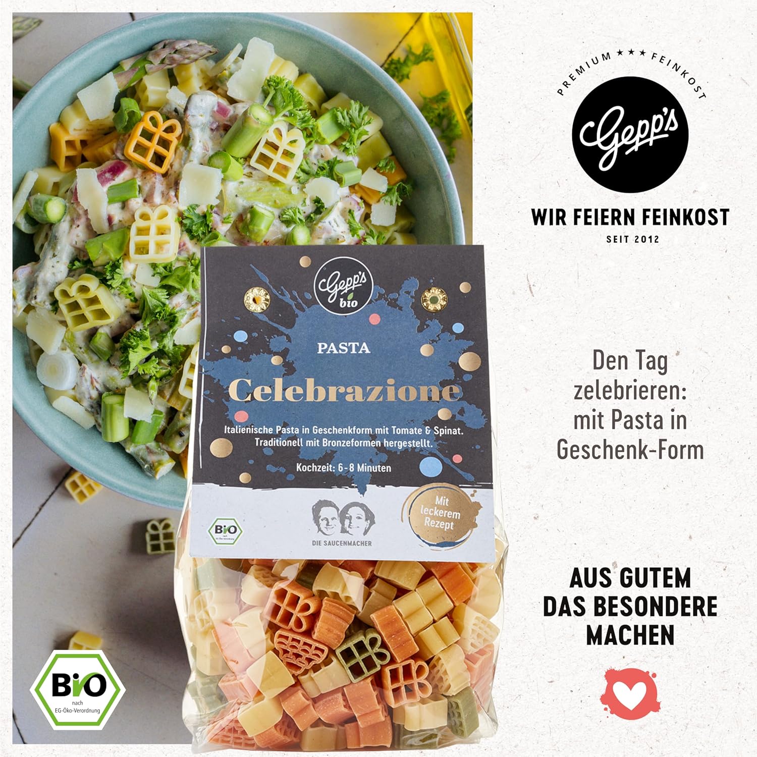 Geburtstags-Präsentkörbe - Happy Birthday-Geschenkset – Gepp's Delicatessen I Überraschungsbeutel gefüllt mit handgemachter Pasta, Pesto Rosso-Gewürz, Bio-Allrounder-Gewürz und Basilikumöl I Gourmet-Geschenkset – Bild 4