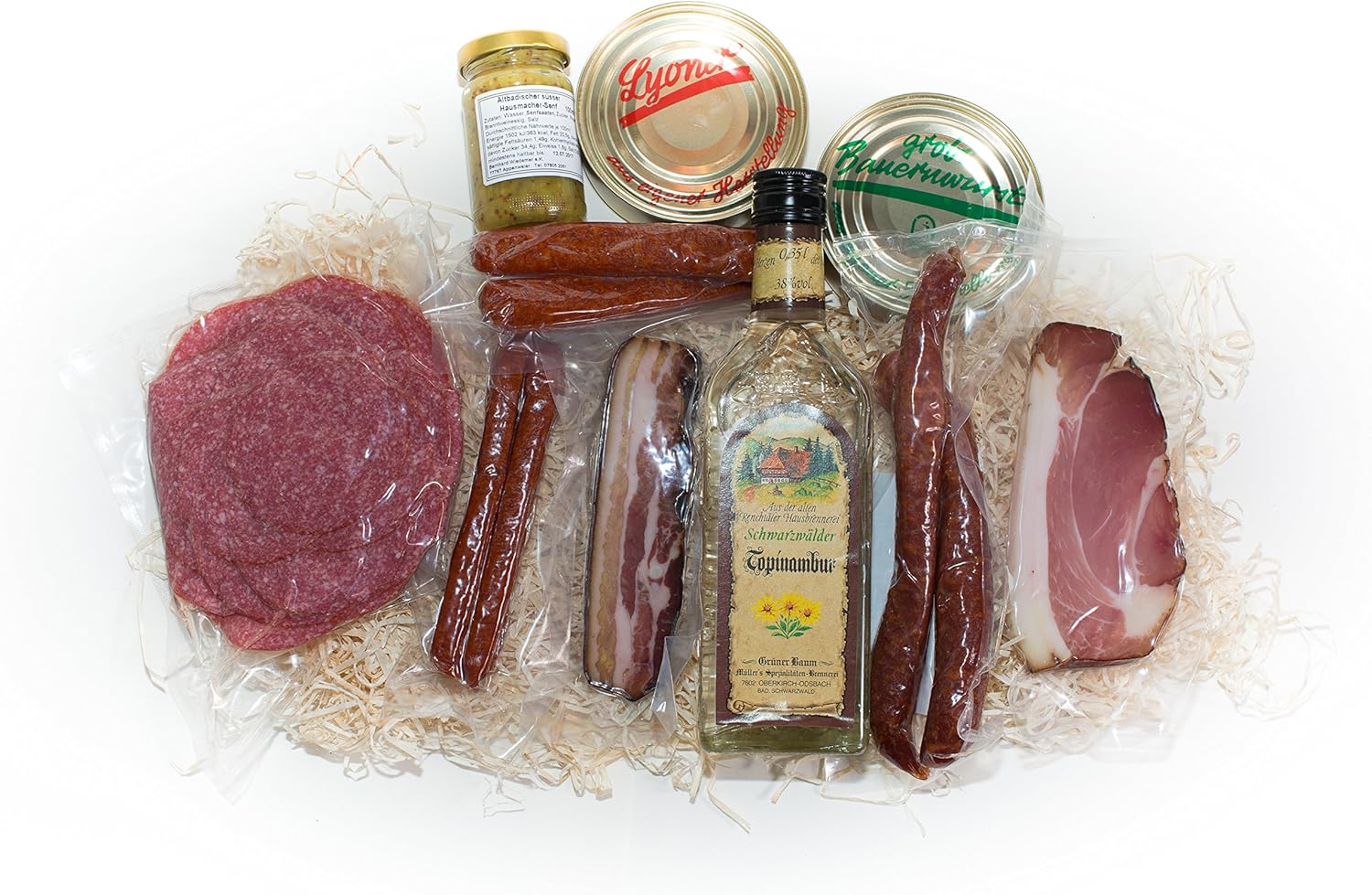 Wurst-Präsentkörbe - Schwarzwald Metzgerei - Geschenkset „Brotzeit“ mit verschiedenen Wurstspezialitäten, einem Gourmet-Senf und ausgezeichnetem Williams-Schnaps – 9-teilig – Bild 4