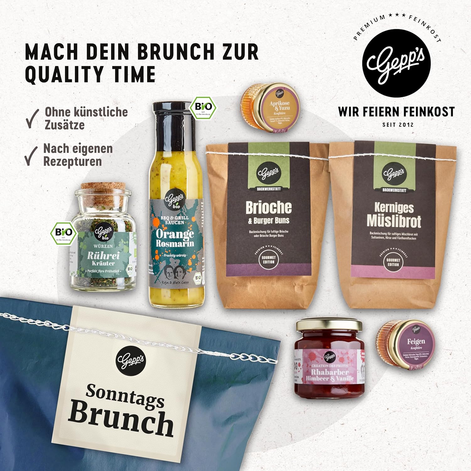 Geburtstags-Präsentkörbe - Gepp's Feinkost Wundertüte Sonntagsbrunch I Geschenkset mit Köstlichkeiten wie Aprikose & Yuzu und Feigenfruchtaufstrich I Geschenk mit Köstlichkeiten für ein perfektes Frühstück – Bild 3