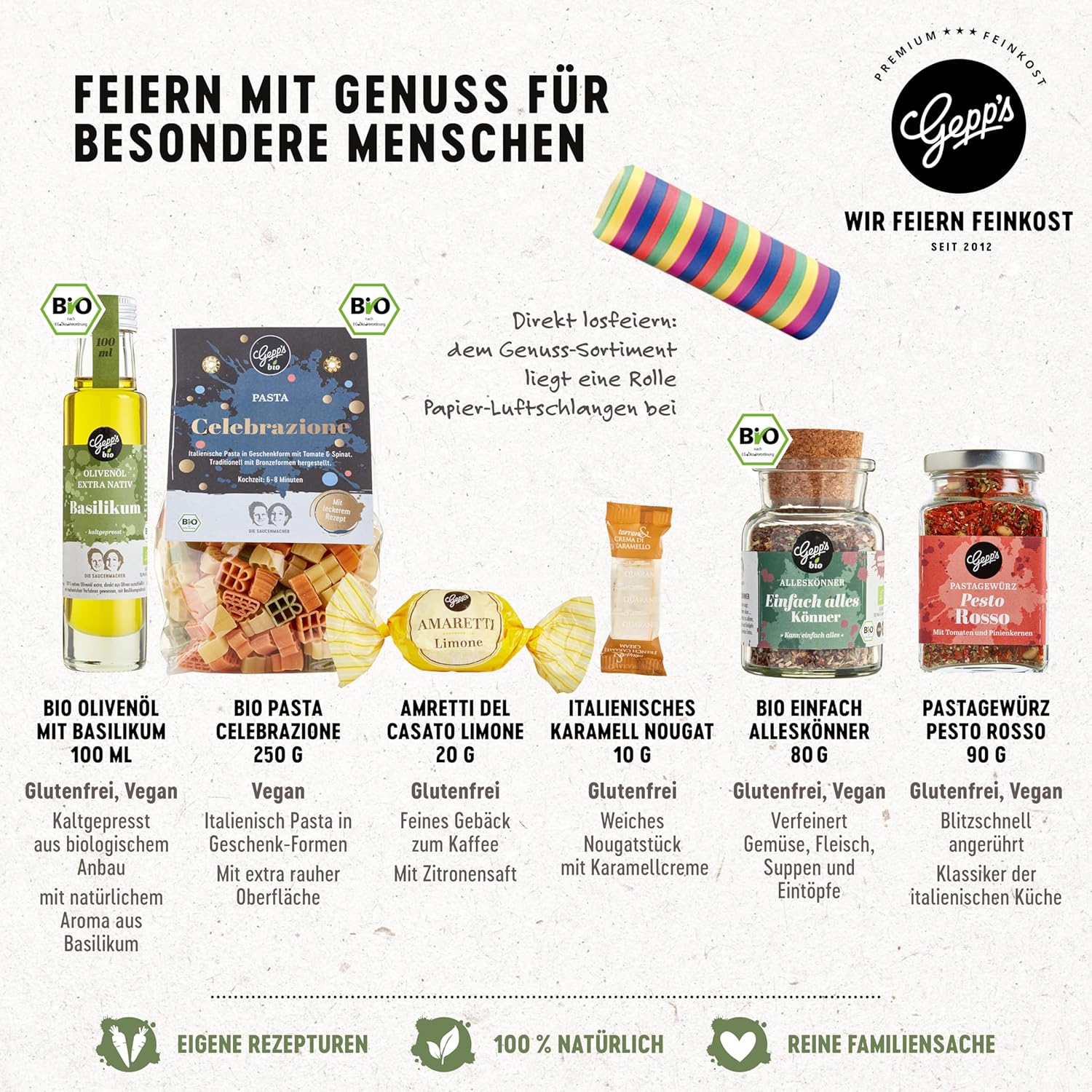 Geburtstags-Präsentkörbe - Happy Birthday-Geschenkset – Gepp's Delicatessen I Überraschungsbeutel gefüllt mit handgemachter Pasta, Pesto Rosso-Gewürz, Bio-Allrounder-Gewürz und Basilikumöl I Gourmet-Geschenkset – Bild 8