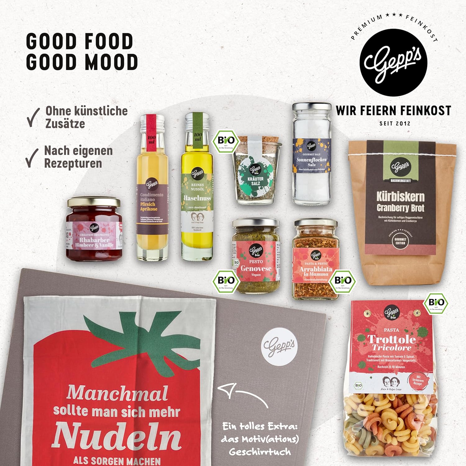 Geburtstags-Präsentkörbe - Gepp's Feinkost-Geschenkkorb mit vielen Köstlichkeiten und Geschirrtuch, Geschenkset mit Gourmet-Pesto, Nudelgewürz, Brotbackmischung, Bio-Olivenöl und Kräutersalz, Geschenkkorb für jeden Anlass – Bild 3