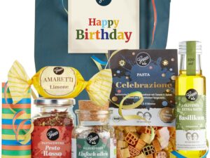 Geburtstags-Präsentkörbe – Happy Birthday-Geschenkset – Gepp’s Delicatessen I Überraschungsbeutel gefüllt mit handgemachter Pasta, Pesto Rosso-Gewürz, Bio-Allrounder-Gewürz und Basilikumöl I Gourmet-Geschenkset