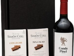 Wein-Präsentkörbe – Simón Col Rotwein-Geschenkset aus Spanien mit Schokolade
