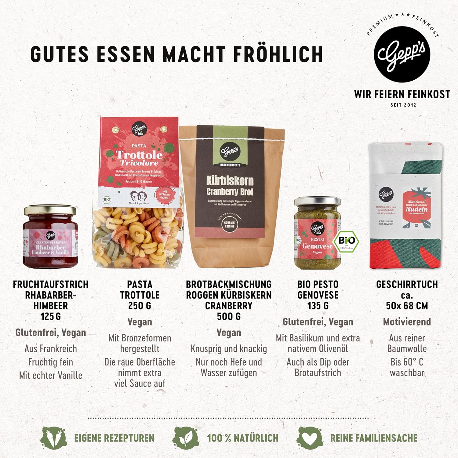 Geburtstags-Präsentkörbe - Gepp's Feinkost-Geschenkkorb mit vielen Köstlichkeiten und Geschirrtuch, Geschenkset mit Gourmet-Pesto, Nudelgewürz, Brotbackmischung, Bio-Olivenöl und Kräutersalz, Geschenkkorb für jeden Anlass – Bild 9