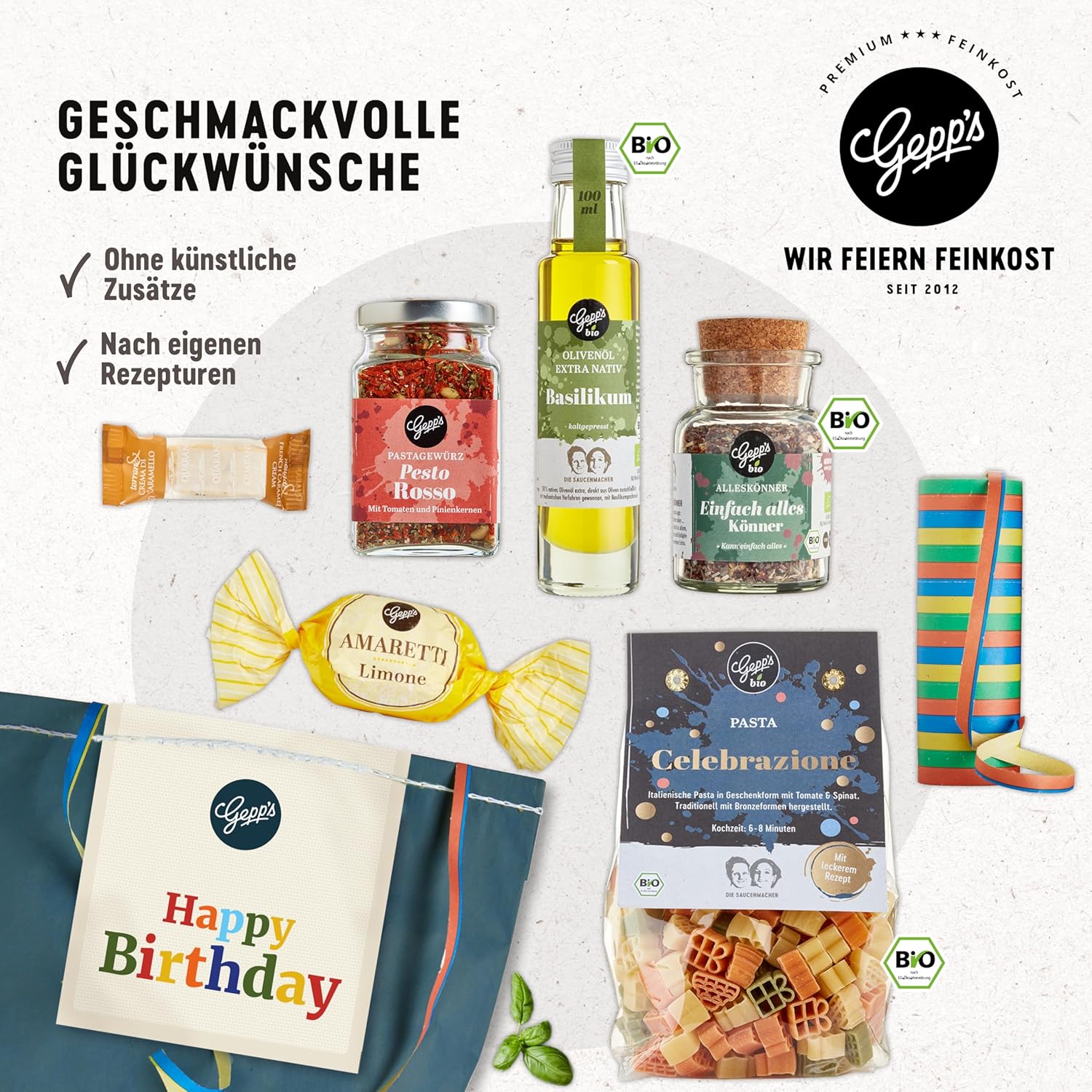 Geburtstags-Präsentkörbe - Happy Birthday-Geschenkset – Gepp's Delicatessen I Überraschungsbeutel gefüllt mit handgemachter Pasta, Pesto Rosso-Gewürz, Bio-Allrounder-Gewürz und Basilikumöl I Gourmet-Geschenkset – Bild 3