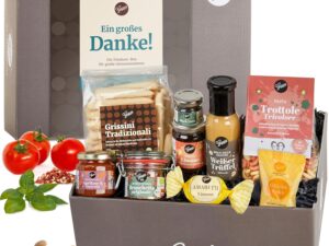 Geburtstags-Präsentkörbe – Gepp’s Delicatessen Dankeschön-Geschenkkorb mit vielen Köstlichkeiten, Firmengeschenk für Mitarbeiter und Kollegen, Spezialitäten wie Pasta, Trüffelsauce, Pesto, Amaretto, Gourmet-Geschenkkorb