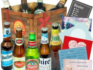 Bier-Präsentkörbe – Beer of the World Geschenkbox Herren + Bierbuch + inkl. Geschenkkarten + Biergeschenke + Geburtstagsgeschenke