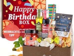 Geburtstags-Präsentkörbe – Gepp’s Feinkost Happy Birthday Geschenkkorb, Geschenkidee zum Geburtstag, Geschenkbox gefüllt mit italienischer Pasta, Pralinen, Luftschlangen etc., Geburtstagsgeschenk für Frau und Mann