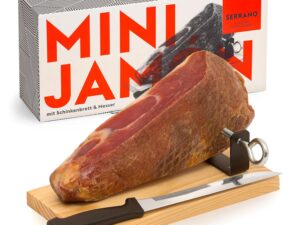 Wurst-Präsentkörbe – jamon.de Mini James Serrano im Geschenkbox-Set mit Holzständer und Schinkenmesser