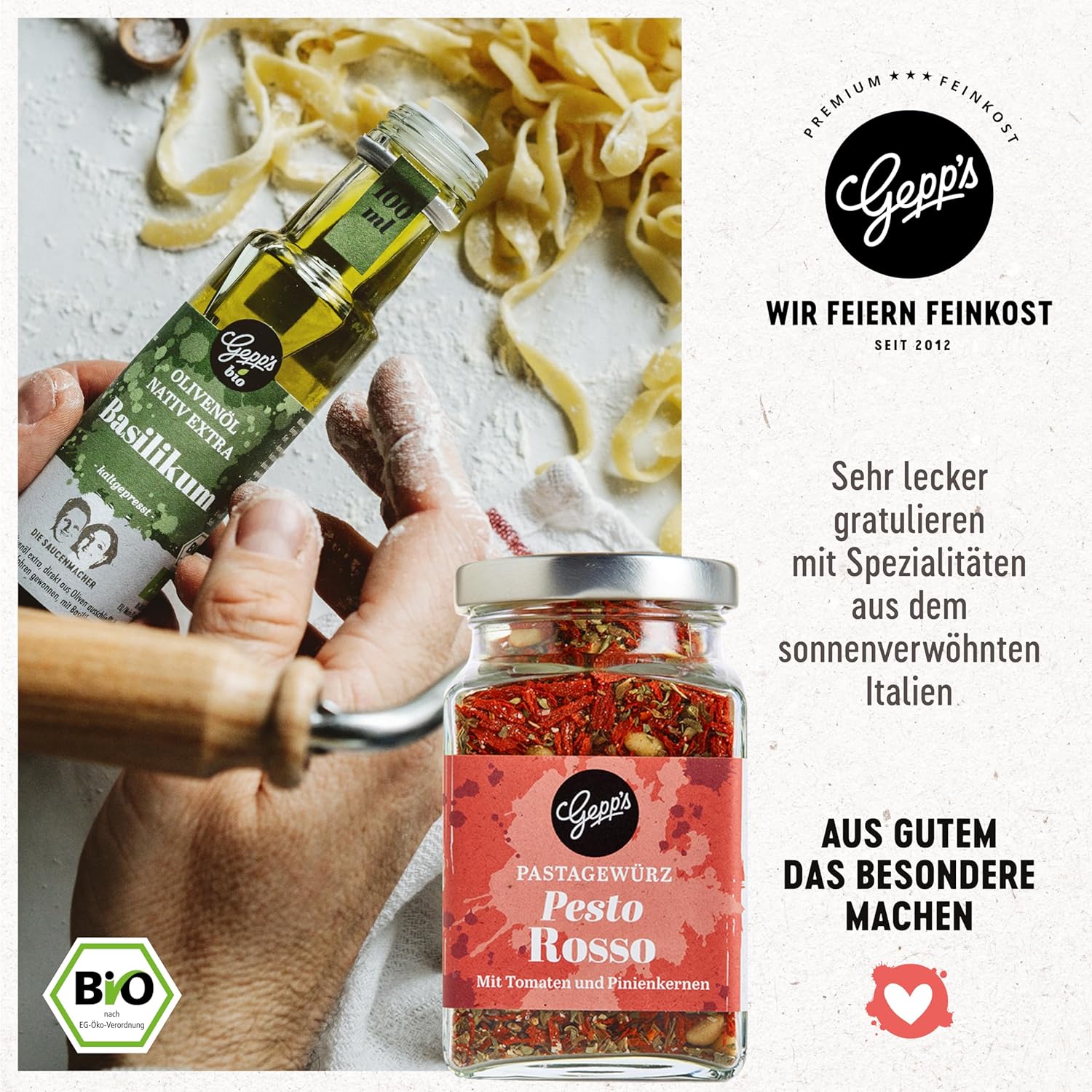 Geburtstags-Präsentkörbe - Happy Birthday-Geschenkset – Gepp's Delicatessen I Überraschungsbeutel gefüllt mit handgemachter Pasta, Pesto Rosso-Gewürz, Bio-Allrounder-Gewürz und Basilikumöl I Gourmet-Geschenkset – Bild 6