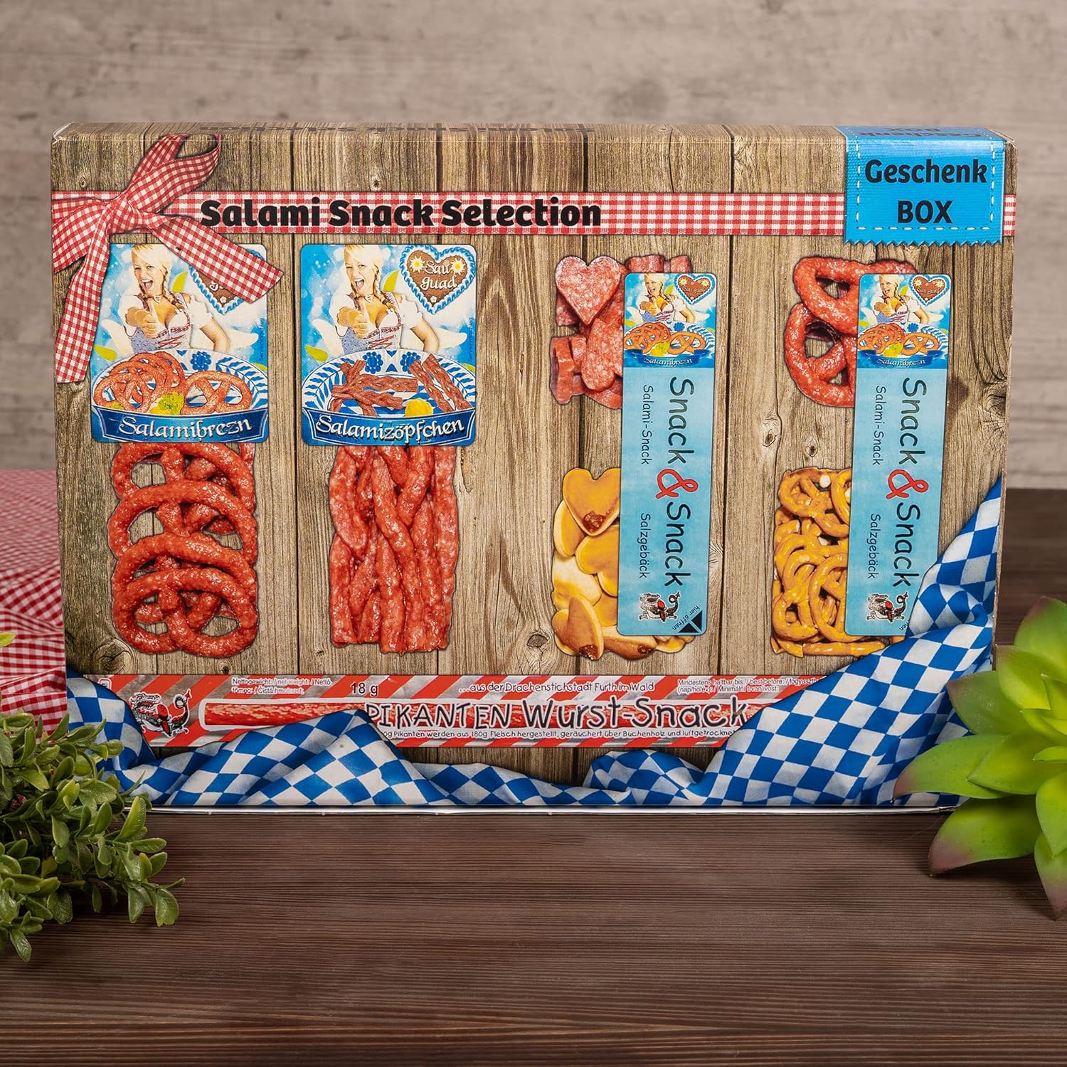 Wurst-Präsentkörbe - WURSTBARON® Snack-Geschenkbox mit Salami-Herzen, mit 7 besonders leckeren Snacks aus Salami und Knabbergebäck, Wurst nach Krakauer Art, bayerische Qualität, 390 g – Bild 2