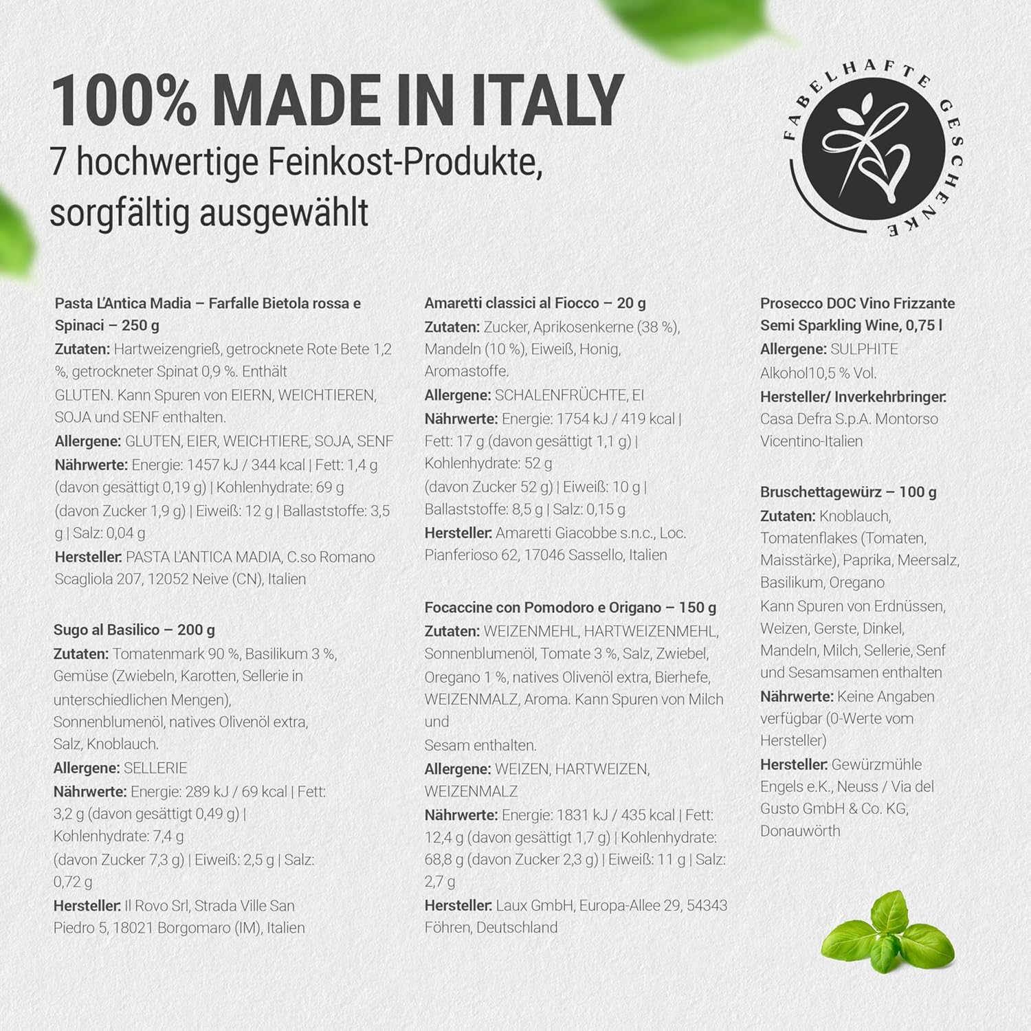 Wein-Präsentkörbe - Italia-Geschenkkorb mit Prosecco DOC und italienischem Delkia-Essen, Geschenkkorb mit italienischen Spezialitäten für Männer und Frauen zum Geburtstag, Weihnachten, mit Weihnachtsgrußbandole – Bild 2