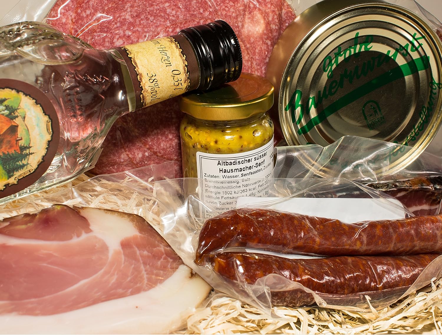 Wurst-Präsentkörbe - Schwarzwald Metzgerei - Geschenkset „Brotzeit“ mit verschiedenen Wurstspezialitäten, einem Gourmet-Senf und ausgezeichnetem Williams-Schnaps – 9-teilig – Bild 5