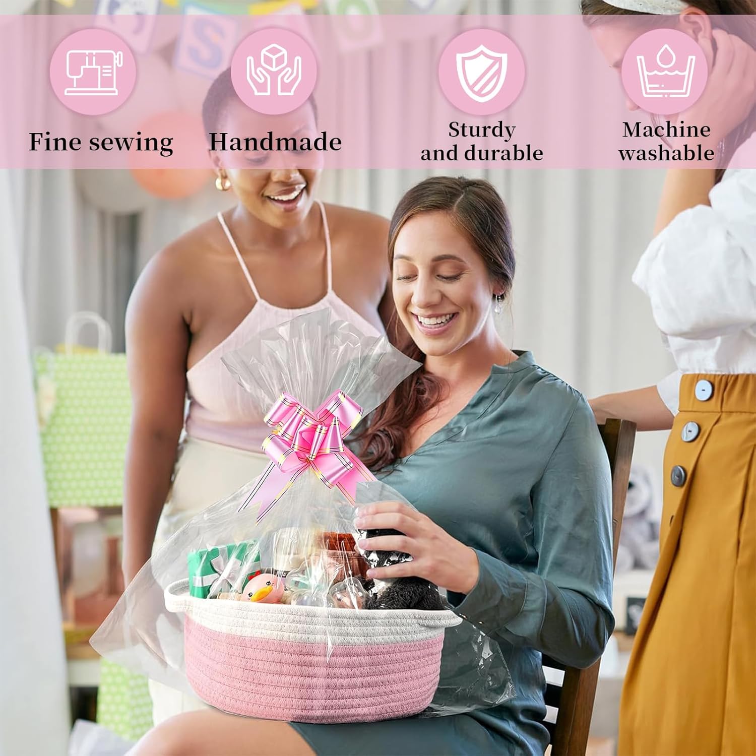 Geburtstags-Präsentkörbe - HORREX Geschenkkorb aus Baumwolle, Aufbewahrungskorb, leer, Geschenkkorb mit Geschenktüten und Bändern für Geburtstag, Hochzeit, Weihnachten, Babyparty, Erntedankfest – Bild 7