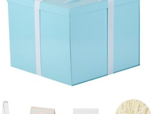 Geburtstags-Präsentkörbe – Große Geschenkbox, blau, 32 x 32 x 25 cm, leere Geschenkbox, Geburtstag, Hochzeit, 1 Stück (inkl. Band, Seidenpapier, Umschläge und Karten)