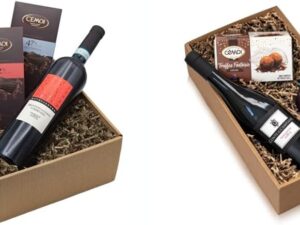 Wein-Präsentkörbe – Geschenkkorb „Gaumenfreude“ mit Wein und Schokolade in einer Geschenkbox und Geschenkkorb „Gaumenfreude“ mit italienischem Rotwein, Sangiovese und französischen Schokoladentrüffeln