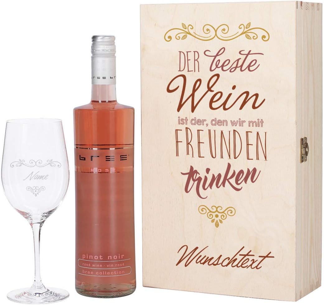 Wein-Präsentkörbe - Herz & Heim® Wein-Geschenkset mit graviertem Weinglas, Bree-Wein zur Auswahl, in Geschenkbox für beste Freunde, Rosé – Bild 5