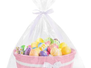 Geburtstags-Präsentkörbe – Leerer Geschenkkorb, geflochtener Korb für Geschenke, mit Geschenkfolie, transparent und Geschenkschleife, Geschenkkorb, leer, rosa, für Geburtstag, Hochzeit, Babyparty, Erntedankfest, Weihnachten