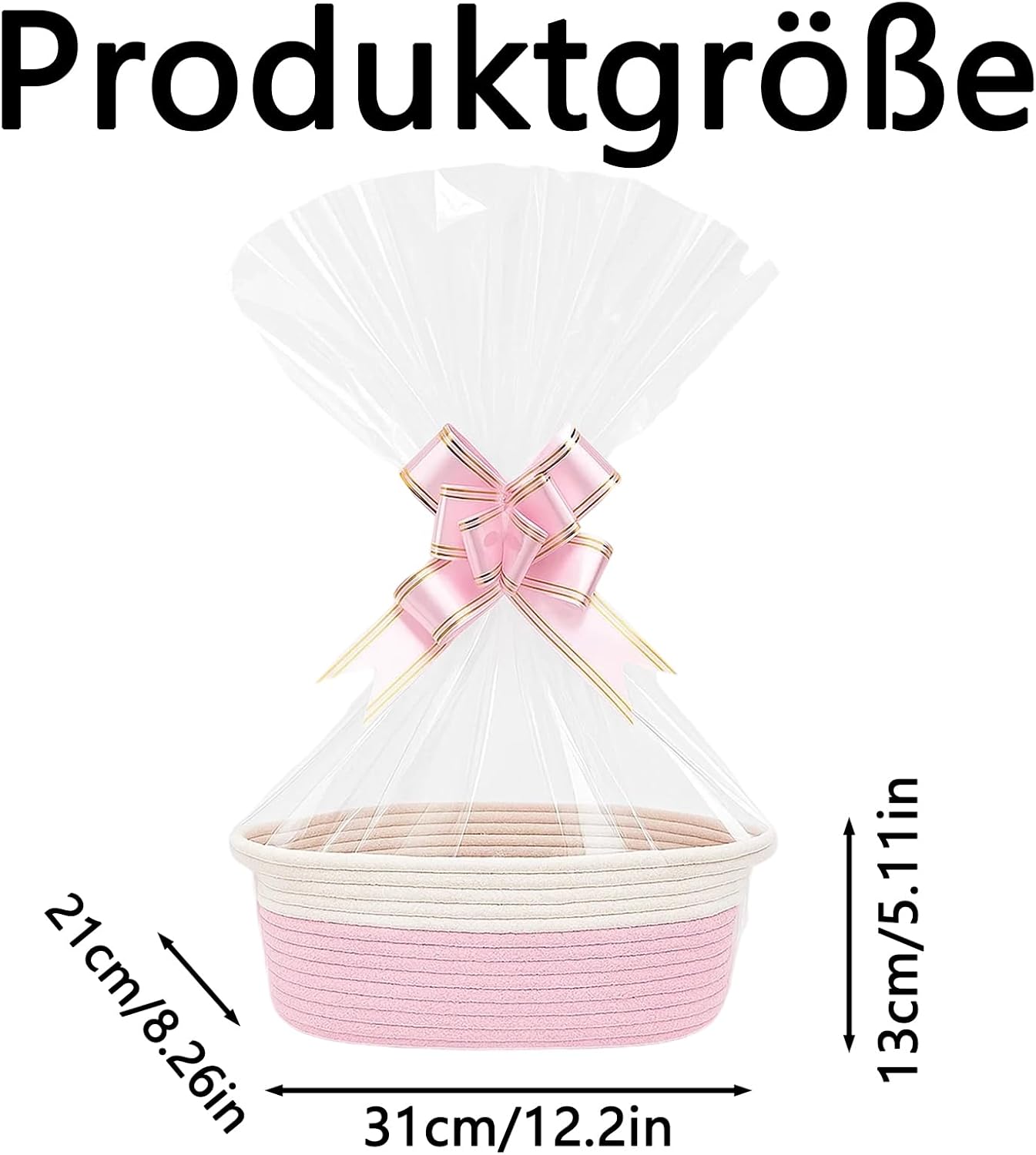 Geburtstags-Präsentkörbe - Leerer Geschenkkorb, Aufbewahrungskorb mit 1 Geschenktüte & Bändern – geflochtener Baumwollkorb als Geschenkkorb für Geburtstag, Hochzeit, Babyparty, Weihnachten – 1er-Set (Rosa) – Bild 2