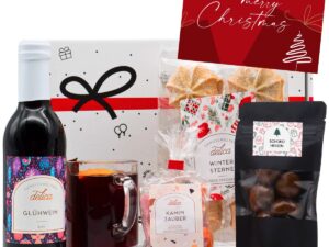 Wein-Präsentkörbe – Glühwein- und Schokoladen-Geschenkset, Weihnachtsgeschenkkorb gefüllt mit Wein, Keksen, Schokoladenpralinen und Grußkarte, Geschenkkorb für Männer und Frauen