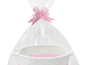 Geburtstags-Präsentkörbe – Leerer Geschenkkorb, geflochtener Korb mit Geschenktüte und Schleife, Korb für Geschenke, leerer Geschenkkorb für Babyparty, Geburtstag, Hochzeit, Weihnachten, Organizer für Zuhause (Rosa und Weiß)