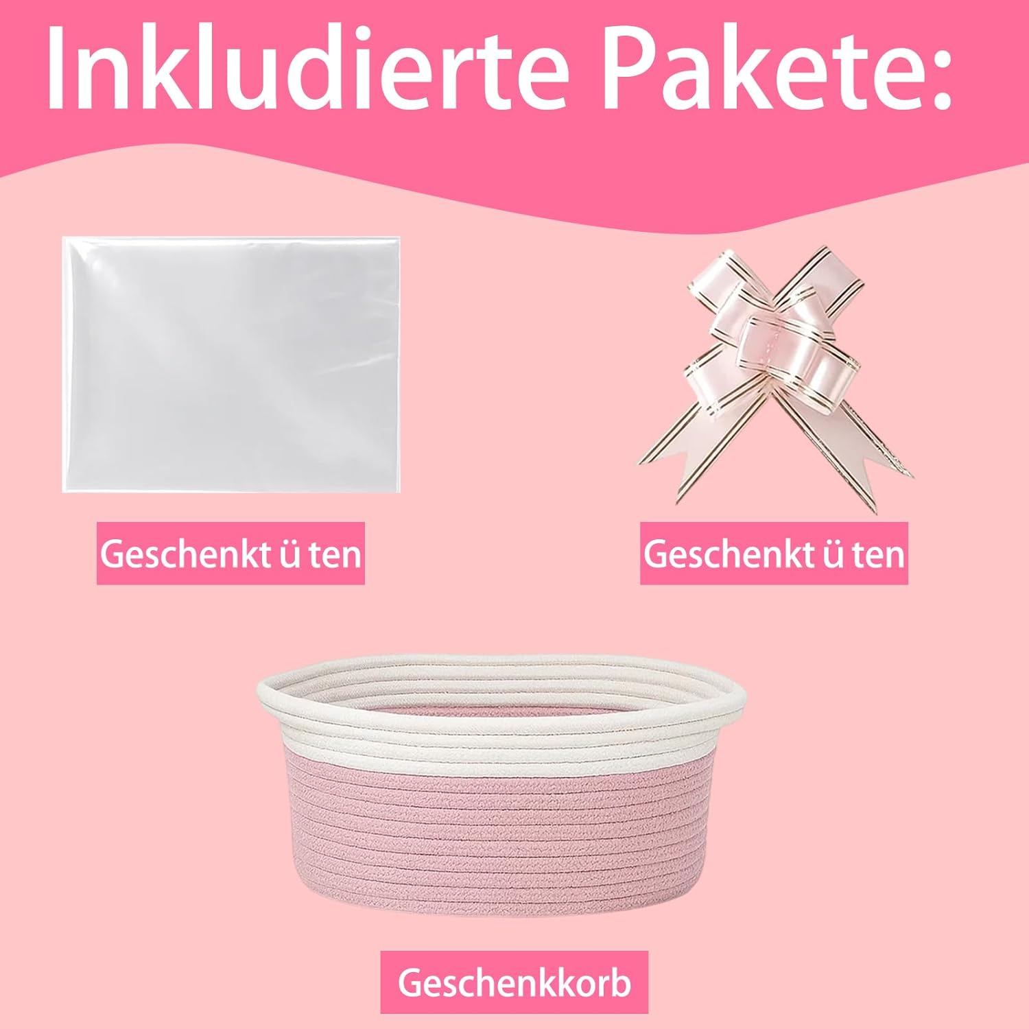 Geburtstags-Präsentkörbe - Leerer Geschenkkorb, Aufbewahrungskorb mit 1 Geschenktüte & Bändern – geflochtener Baumwollkorb als Geschenkkorb für Geburtstag, Hochzeit, Babyparty, Weihnachten – 1er-Set (Rosa) – Bild 3