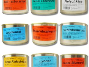 Wurst-Präsentkörbe – Dosenwurst-Probierpaket 9 Sorten 9 x 120 g Dosenwürste mit Bauernbratwurst, Leberwurst, Fleischkäse, Jagdwurst, Bratenscharf und vielem mehr – mit 1 Jahr haltbarer Fleischkonserven-Notnahrung