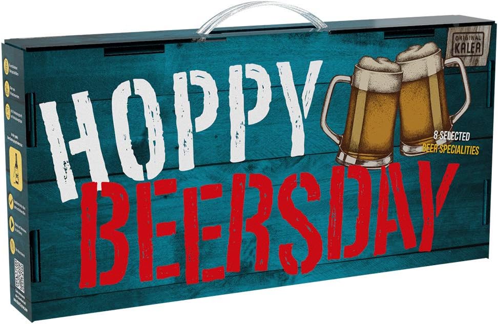 Bier-Präsentkörbe - KALEA Hoppy Beersday Beer Box with Carry Handle Filled with 8 x 0.33 L Beers Includes Greeting Card Beer Gift for Birthday Father's Day Mother's Day – Bild 2