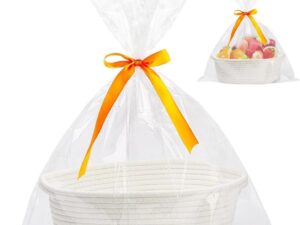 Geburtstags-Präsentkörbe – Leerer Geschenkkorb, geflochtener Baumwollkorb mit Geschenktüten und Bändern für Hochzeit, Aufbewahrung, Geburtstag, Babyparty (weiß)