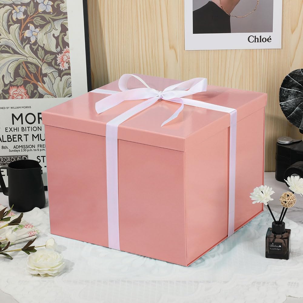 Geburtstags-Präsentkörbe - Große rosa Geschenkbox, 32 x 32 x 25 cm, leere Geschenkbox, Geschenkbox für Geburtstag, Hochzeit (inkl. Schleife, Seidenpapier, Umschläge und Karten) – Bild 5