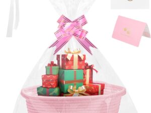 Geburtstags-Präsentkörbe – Leerer Geschenkkorb, 30 x 20 x 12 cm, Geschenkkorb, leerer Korb für Geschenke mit transparenten Geschenkfolienbändern und Grußkarte für Geburtstage, Hochzeiten, Babypartys, Ostern, Halloween, Erntedankfest, Weihnachten