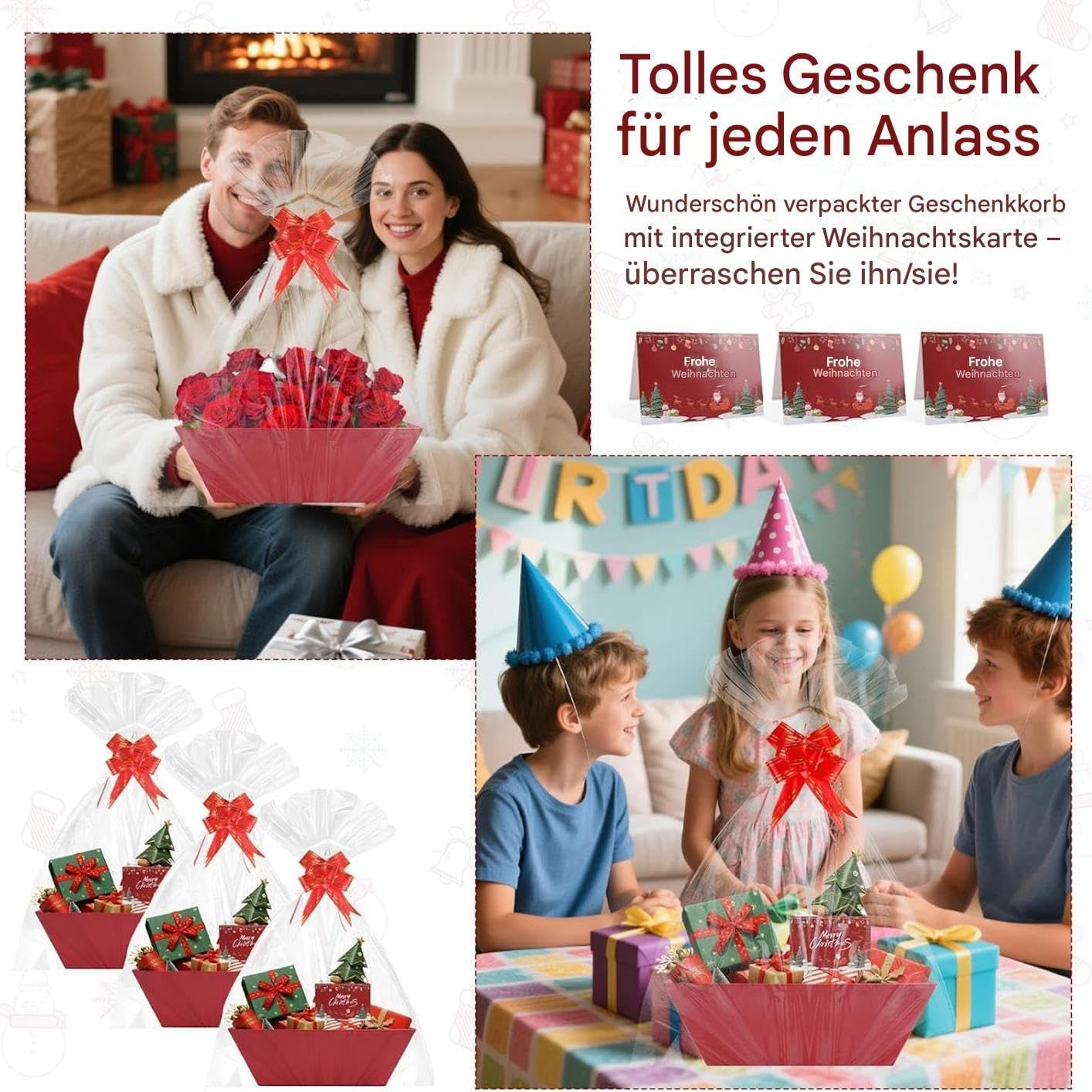 Geburtstags-Präsentkörbe - Weihnachtskörbe, leerer Geschenkkorb, roter Karton, Weihnachtsdekoration mit Griffen und Schleifen, festlicher Korb für Kinder, Erwachsene, Familie, Freunde, Geburtstage, Partys, Halloween, Neujahr – Bild 9