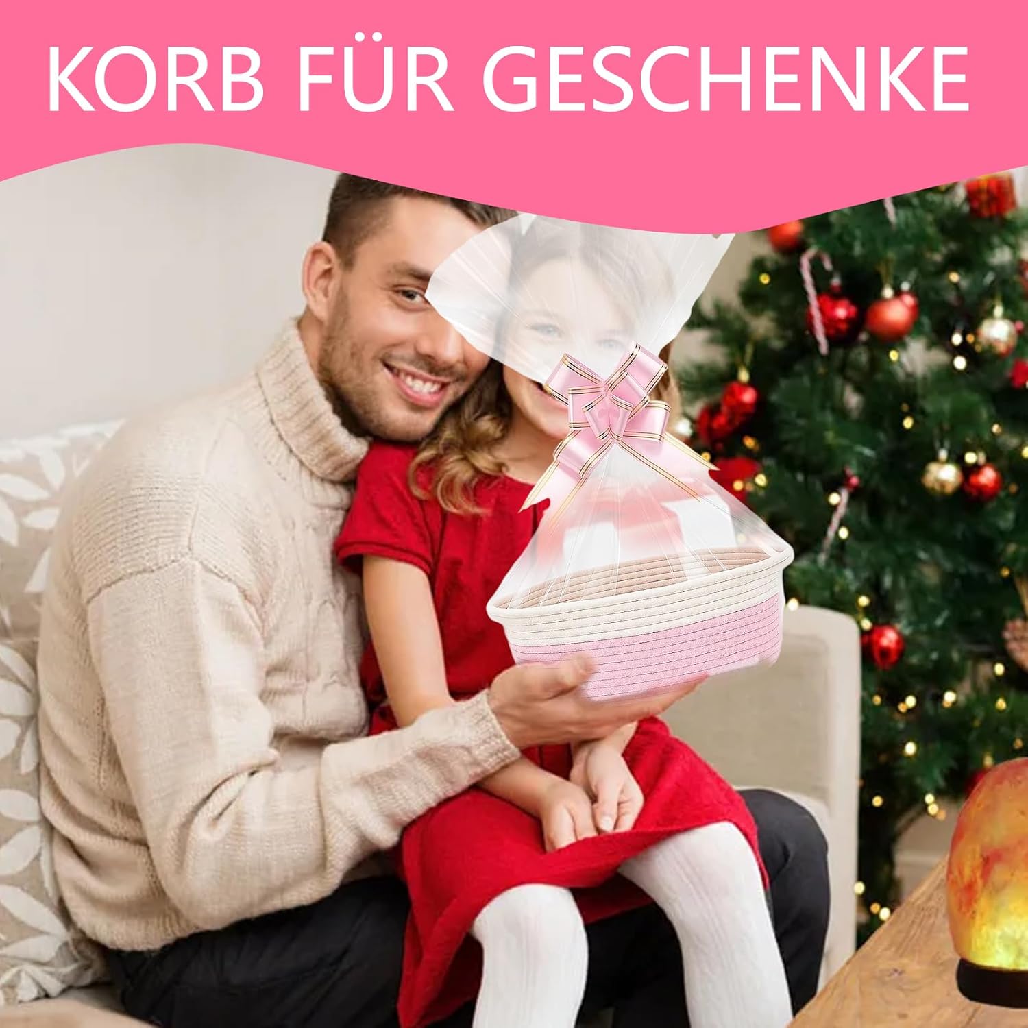 Geburtstags-Präsentkörbe - Leerer Geschenkkorb, Aufbewahrungskorb mit 1 Geschenktüte & Bändern – geflochtener Baumwollkorb als Geschenkkorb für Geburtstag, Hochzeit, Babyparty, Weihnachten – 1er-Set (Rosa) – Bild 5