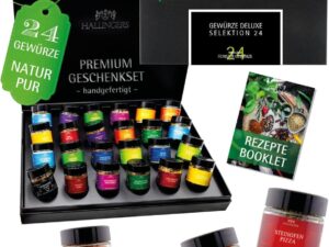 Wurst-Präsentkörbe – Hallingers Genuss Manufaktur Gewürz-Geschenkset – 24 Premium-Gewürze aus aller Welt, edle Geschenkbox, handgefertigt, ideale Geschenkidee für Männer & Frauen, Geburtstag, Advent & Weihnachten