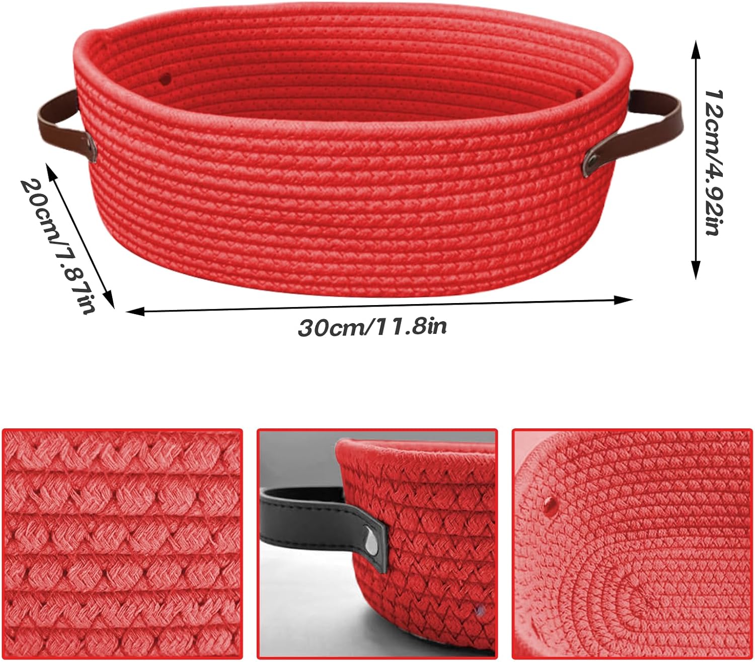 Geburtstags-Präsentkörbe - Rotes Geschenkkorb-Set, Geschenkkorb aus Baumwollseil mit Ledergriff, geflochtener Aufbewahrungskorb mit 3 Schleifen, 3 Taschen und Bast für Babyparty, Geburtstage, Einweihungsparty (30 x 20 x 12,5 cm) – Bild 2